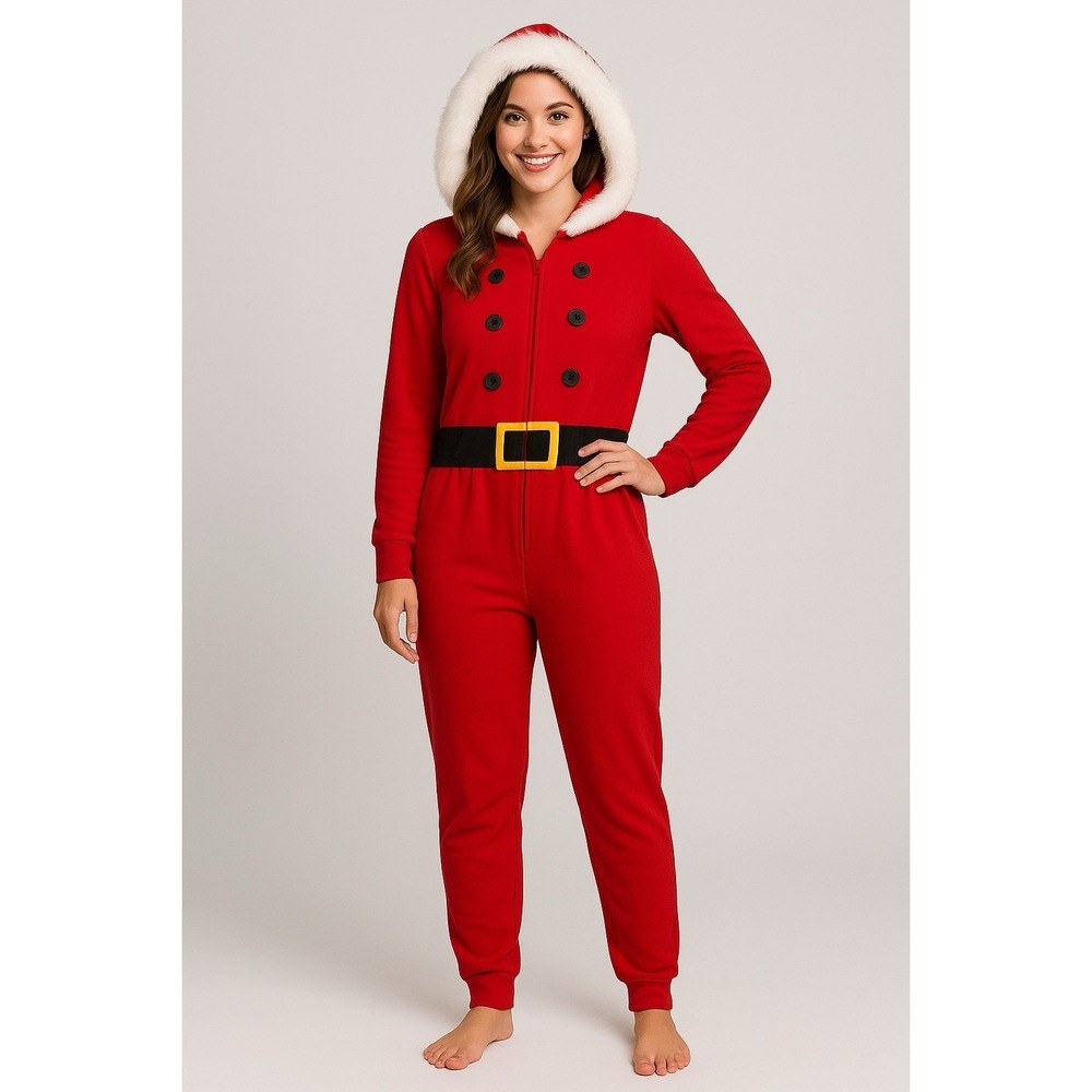 Bethany Mota Zipper Front Hooded Santa Elf Jumpsuit Sz S Red Gnome Christmas